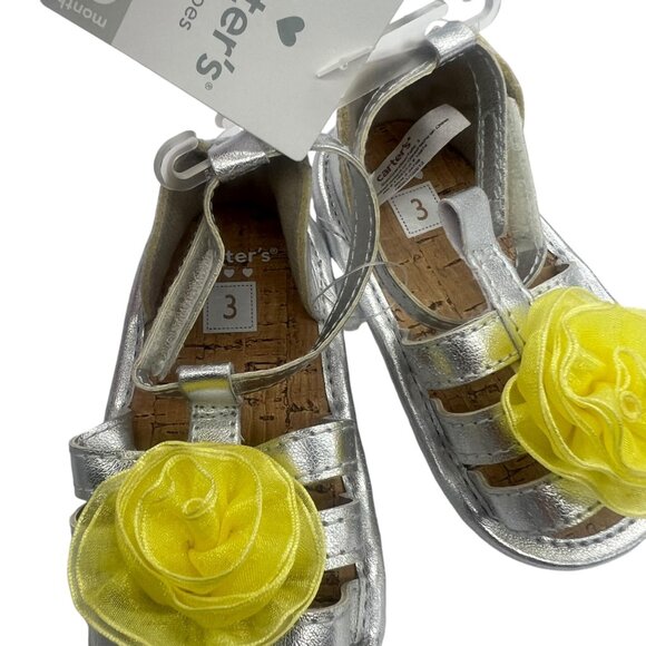 Carters Silver Baby Girl Sandals With Yellow Flower Accent Size 3 Metallic NEW - Picture 7 of 8